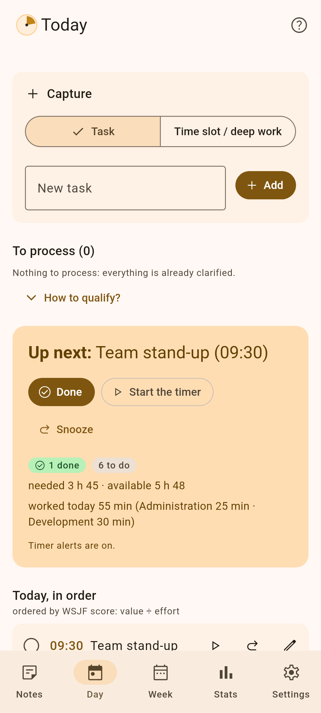 Day view: the task to do now, the timer and the ordered schedule