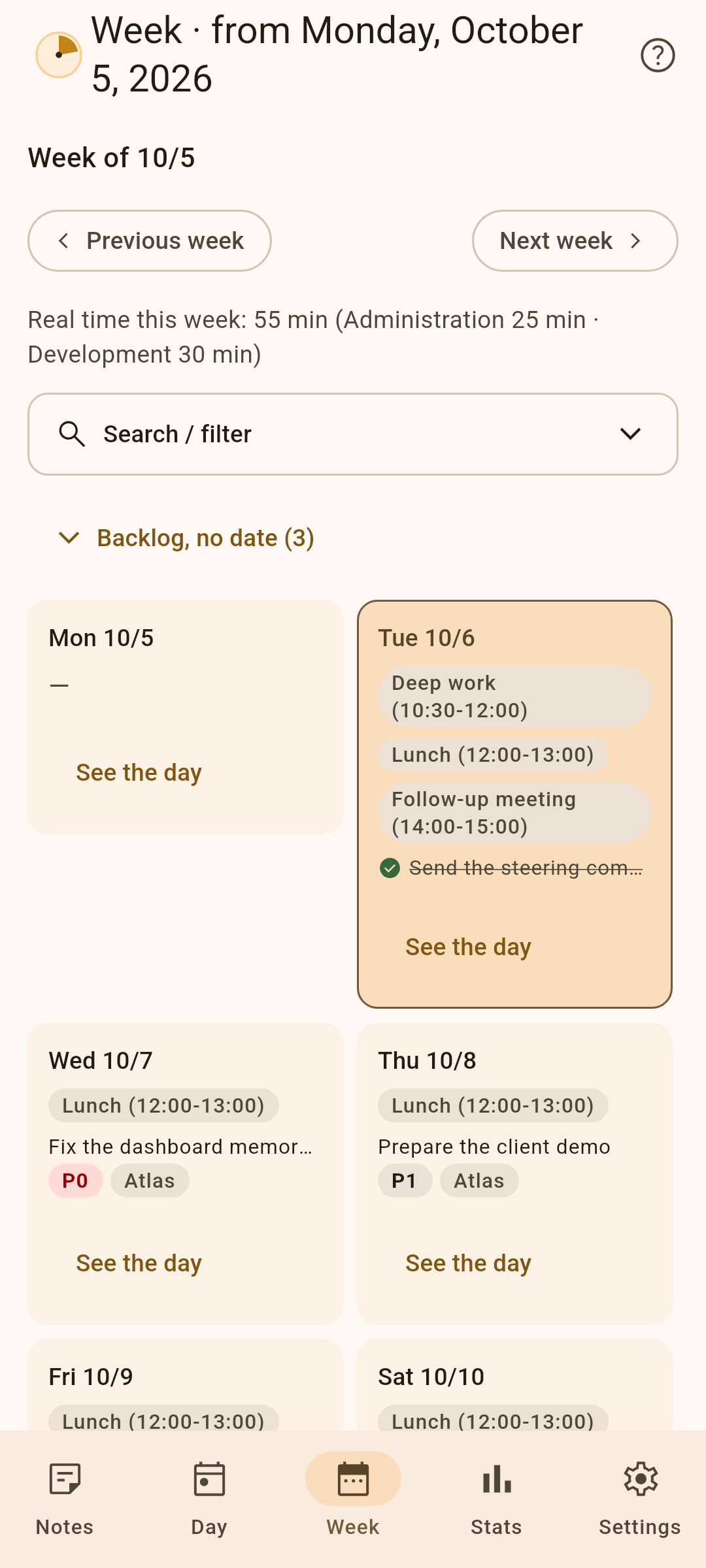 Week view: deadlines, time slots and finished tasks, day by day