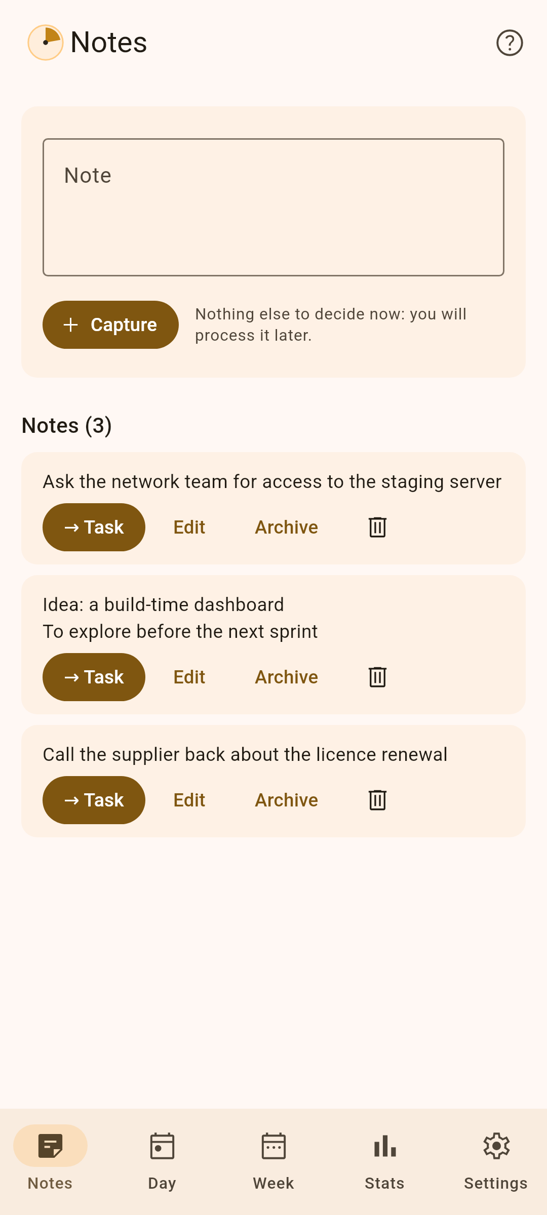 Notes: free capture, turned into a task in one tap