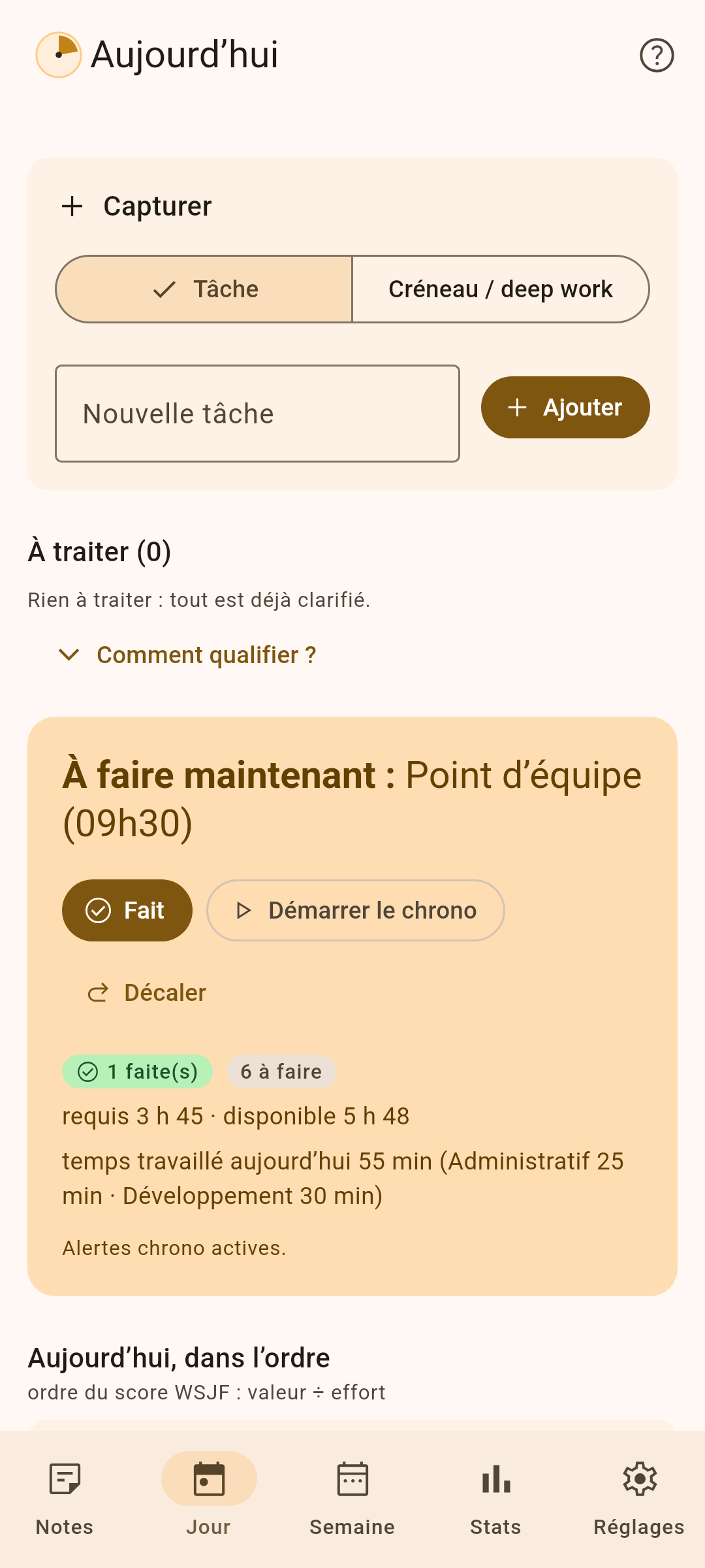 Vue Jour : la tâche à faire maintenant, le chrono et l’agenda ordonné