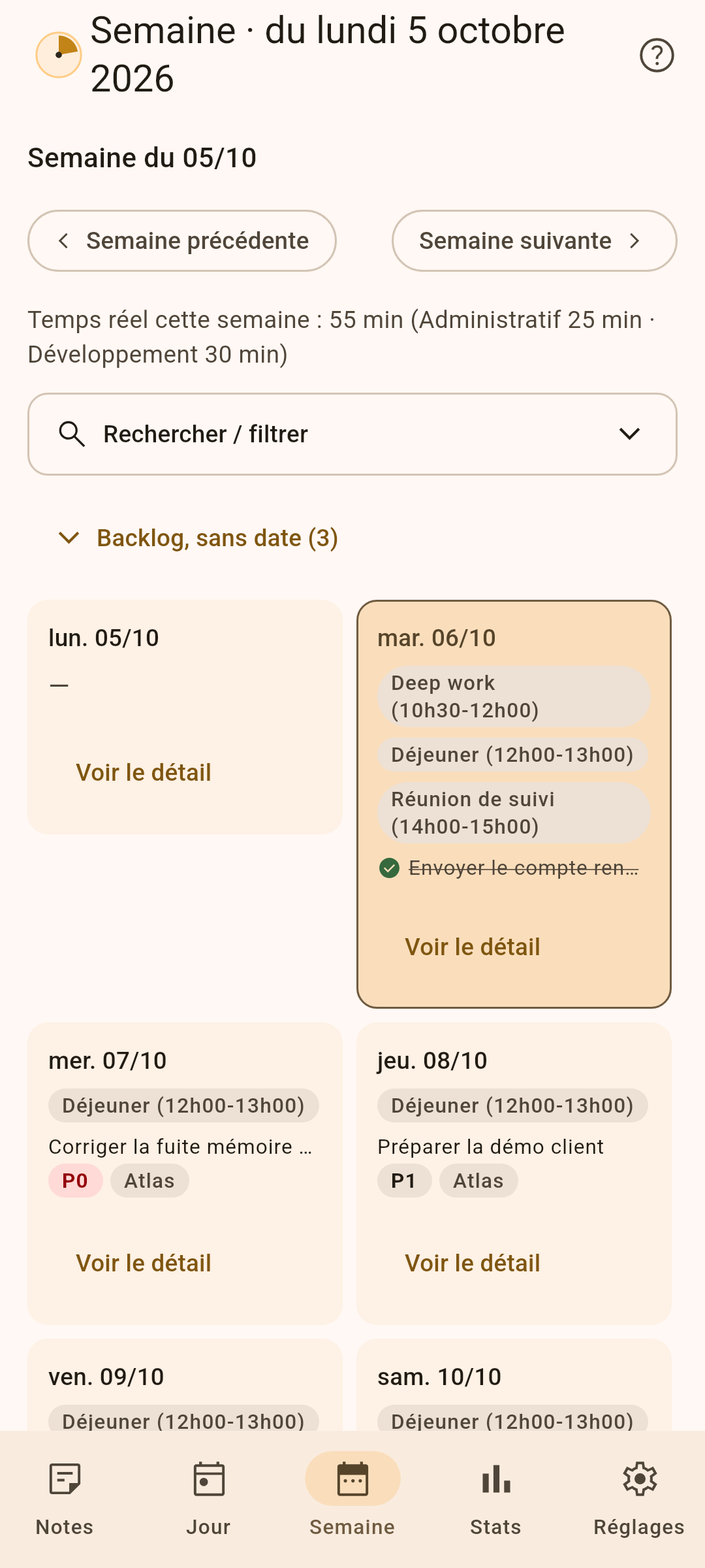 Vue Semaine : échéances, créneaux et tâches faites, jour par jour